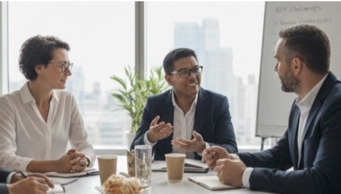 A diverse professional group engaged in a focused discussion in a modern high-rise office. A whiteboard in the background lists "Key Challenges," illustrating a collaborative session to understand the structural and functional differences between an advisory board and a governance board for business growth.