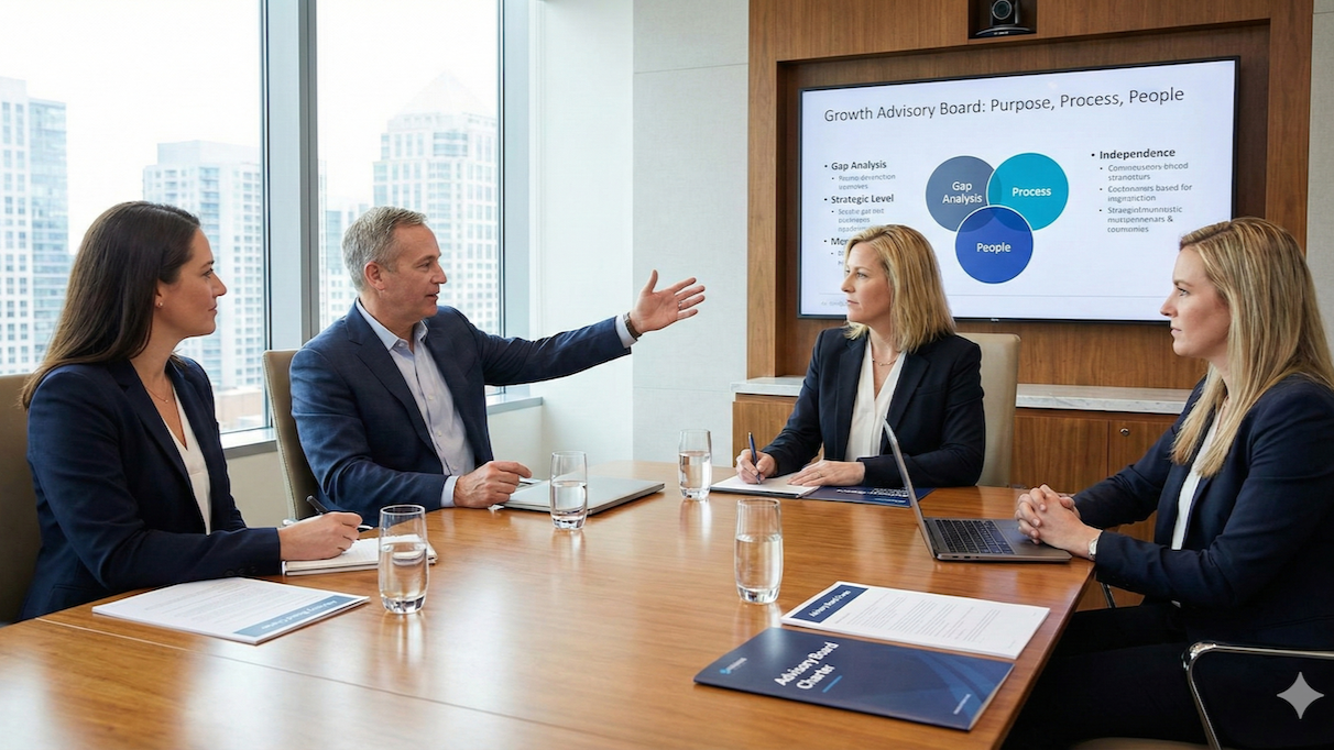 A professional boardroom setting where a male facilitator gestures toward a digital screen displaying "Growth Advisory Board: Purpose, Process, People" with a Venn diagram of Gap Analysis, Process, and People. An "Advisory Board Charter" document lies on the table, illustrating the formal structure and independence required for effective B2B strategic oversight.