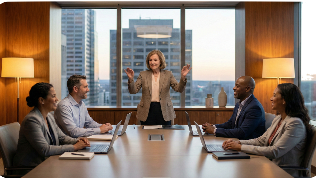 Boardroom scene illustrating humanised oversight in B2B governance