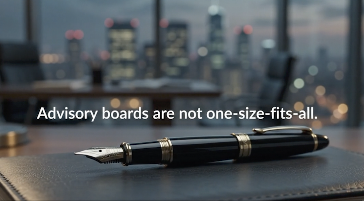 A luxury black fountain pen resting on a leather notebook in a high-rise corporate office overlooking a blurred city skyline at dusk, featuring the text 'Advisory boards are not one-size-fits-all.