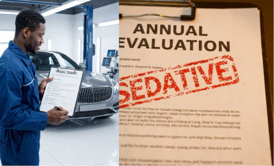 conceptual split-image illustrating Board Effectiveness Evaluation; the left side shows a mechanic in a blue uniform inspecting a luxury car with a checklist, while the right side shows a close-up of an "Annual Evaluation" document stamped with the word "SEDATIVE" in red ink.