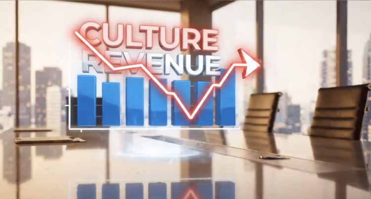 A 3D bar chart and line graph floating above a boardroom table, contrasting "REVENUE" with a glowing red "CULTURE" line. This visual metaphor illustrates that organizational culture is a leading indicator of financial performance, and a decline in culture often precedes a drop in revenue.