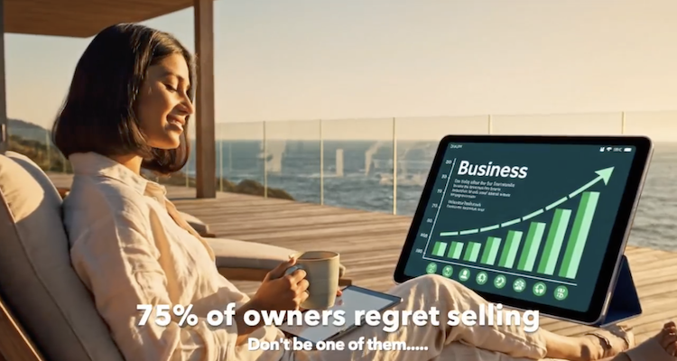 A business owner relaxing by the ocean while viewing a growth chart on a tablet, overlaid with the text "75% of owners regret selling. Don't be one of them." This image illustrates the importance of post-exit planning and advisory board guidance to avoid regret after a business sale.