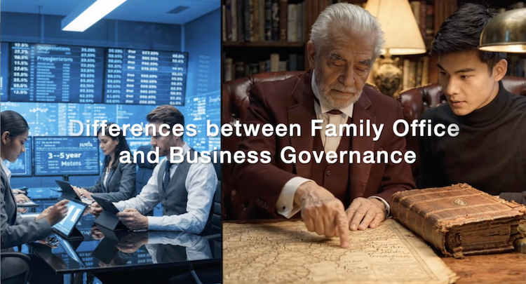 A split-screen comparison showing the differences between Family Office and Business Governance; the left side features a high-tech modern corporate trading floor, while the right side depicts an older patriarch and a younger man reviewing a historical map in a classic study.