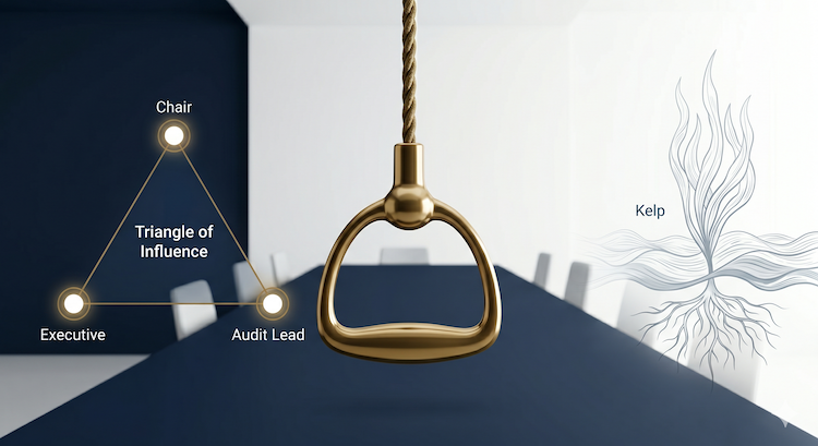 A brass pendulum hanging over a boardroom table with a 'Triangle of Influence' diagram
