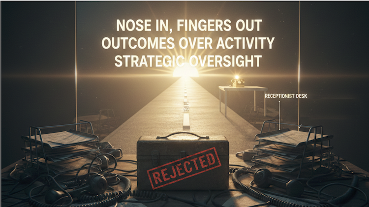 A symbolic governance image showing a cluttered, dark receptionist desk in the foreground marked "REJECTED," contrasted with a bright sunlit path ahead. Text overlays read "NOSE IN, FINGERS OUT; OUTCOMES OVER ACTIVITY; STRATEGIC OVERSIGHT," illustrating how advisory boards avoid operational minutiae to focus on growth.