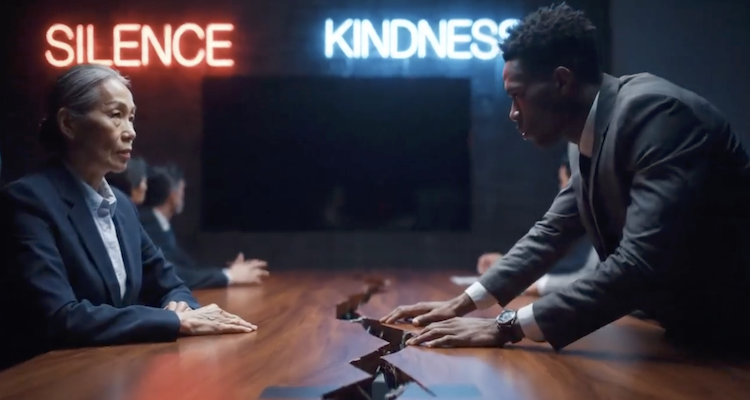 A dramatic boardroom scene where an older woman and a younger man face each other across a fractured wooden table. Neon signs for "SILENCE" and "KINDNESS" glow in the background, illustrating the "radical candor" gap and the challenge of calling a foul in the boardroom without burning bridges.
