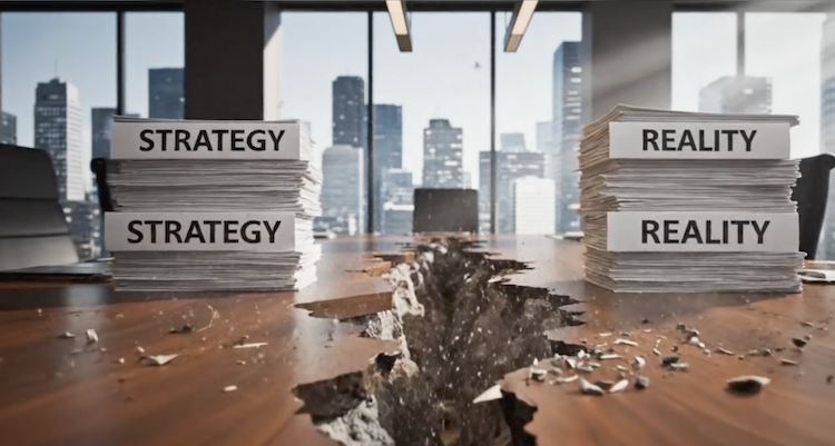 A visual metaphor for the strategy-execution gap: a boardroom table split by a deep fissure, separating stacks of papers labeled "STRATEGY" and "REALITY" against a city skyline. Illustrates the critical need for advisory board oversight and governance to align corporate planning with operational reality.