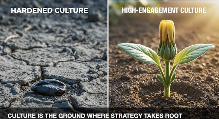 A split-screen comparison of organizational culture: on the left, "HARDENED CULTURE" is shown as cracked, barren earth where a seed cannot grow; on the right, "HIGH-ENGAGEMENT CULTURE" is fertile soil where a plant flourishes. Text at the bottom reads: "CULTURE IS THE GROUND WHERE STRATEGY TAKES ROOT," illustrating why strategy fails without a supportive cultural foundation.