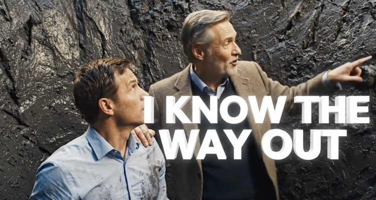 A visual metaphor for business mentorship: A younger man in a dark, muddy hole looking up at an older, experienced professional who has a hand on his shoulder and is pointing upward. Large text reads: "I KNOW THE WAY OUT," representing how a Growth Advisory Board provides lived experience and strategic navigation for business owners facing complex challenges.