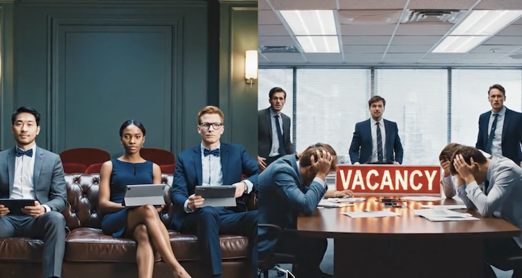 A split-screen image contrasting two approaches to leadership transition: on the left, three composed executives with tablets represent proactive CEO succession planning; on the right, a chaotic boardroom with a "VACANCY" sign and stressed directors illustrates the crisis of being unprepared. It highlights the role of an advisory board in ensuring business continuity and strategic leadership stability.