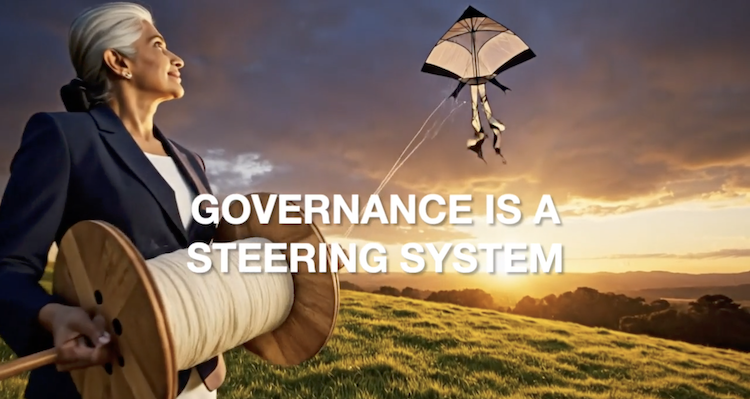 A visual metaphor for corporate governance: A professional woman in a suit at sunset, controlling a large kite with a heavy-duty wooden spool. Text overlay reads: "GOVERNANCE IS A STEERING SYSTEM," illustrating the active, guiding role an advisory board plays in directing business growth and strategic outcomes.