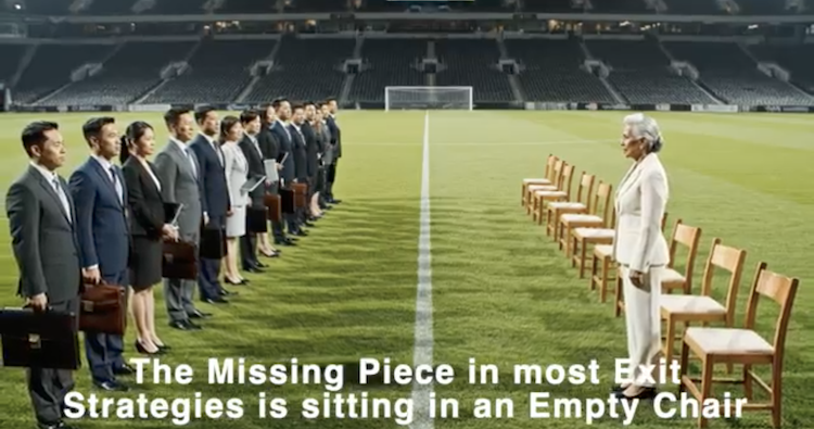 A visual metaphor for exit planning showing a line of business professionals with briefcases facing a single woman standing before a row of empty chairs on a sports field. Text overlay reads: "The Missing Piece in most Exit Strategies is sitting in an Empty Chair," illustrating how neglecting to establish an advisory board or successor can lead to failed business sales.